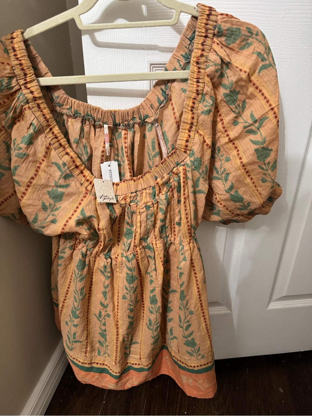 Free People Peach Green Botanical Smocked Peasant Top